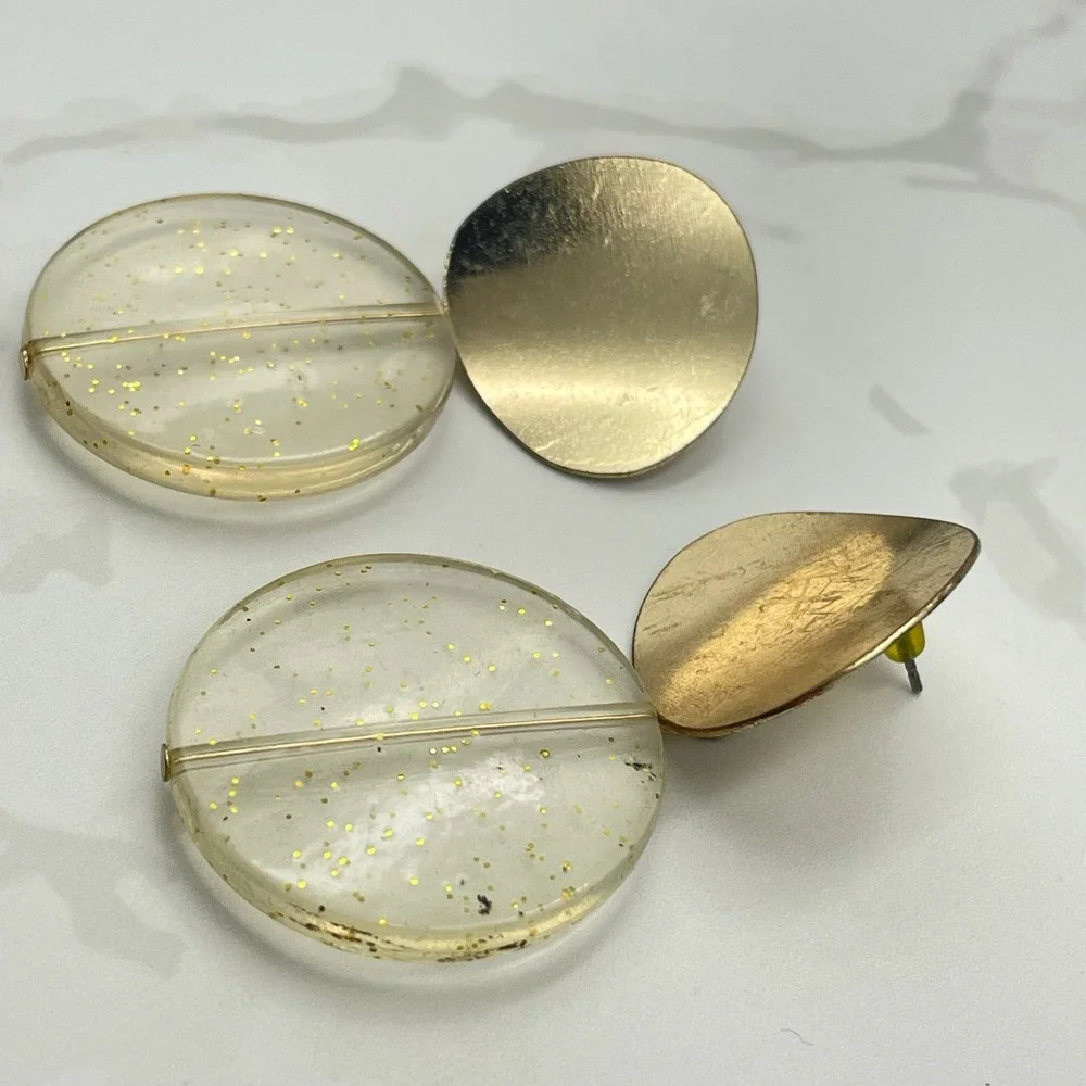 Vintage‎ Gold Tone Earrings Disc Drop Clear Glitter Acrylic Large Boho Statement